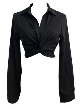 现货 原创 复古辣妹 黑色纽结绑带蝴蝶结短款修身v领衬衫上衣显瘦