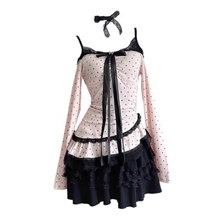 连衣裙 早秋纯欲风小众设计感蝴蝶结蕾丝罩衫 LIULIUGE 钓系小猫