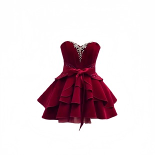 自制圣诞主题小礼裙复古高级感镶钻红丝绒连衣裙女收腰公主蓬蓬裙