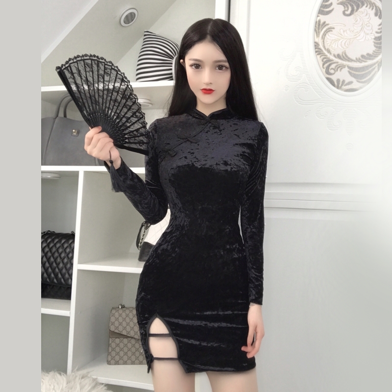 酒吧女装2018新款性感开叉包臀旗袍礼服裙长袖打底紧身包臀连衣裙