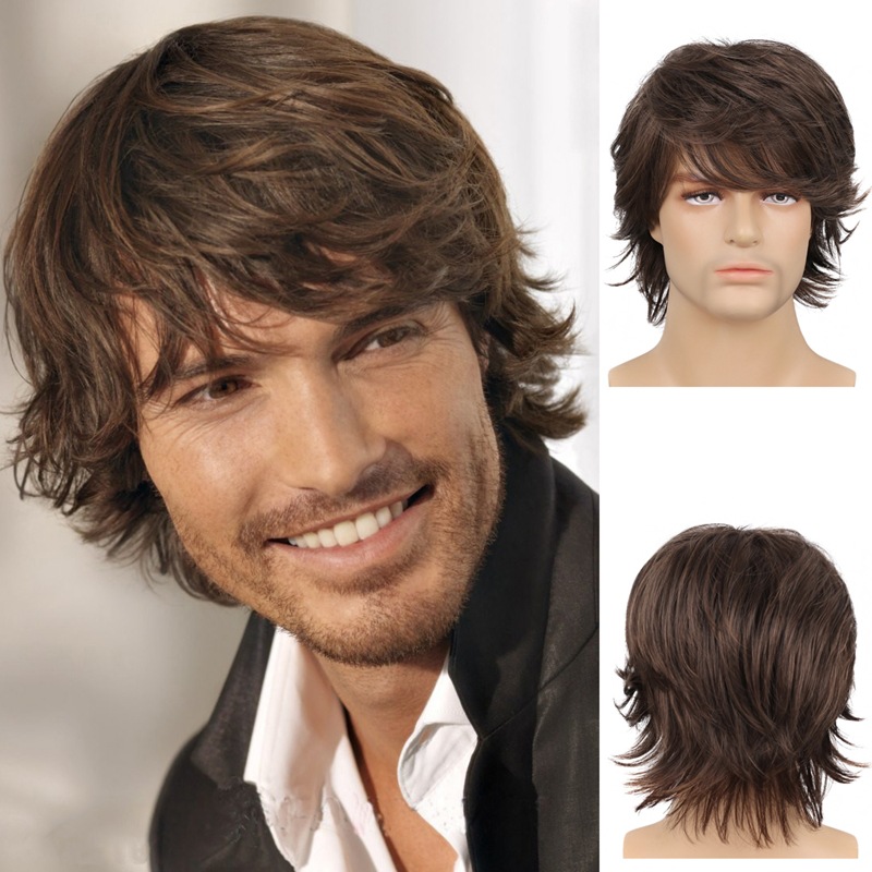 外贸欧美男士假发外翘棕色短发蓬松偏分刘海假发套man hair wigs