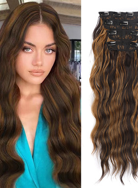 外贸卡子发水波纹卷发片化纤高温丝4件套Clip In Hair Extensions