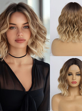 跨境蕾丝渐变水波纹短卷假发Short curly lace wig with ripples