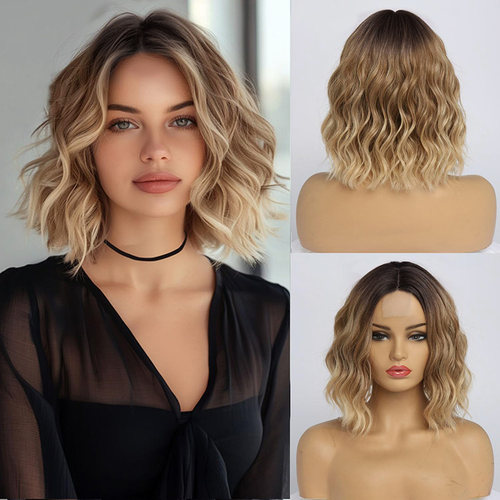 跨境蕾丝渐变水波纹短卷假发Short curly lace wig with ripples