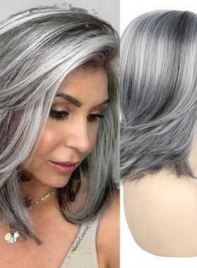 欧美外贸假发偏分渐变色奶奶灰头套波波头假发套grey hair Wigs