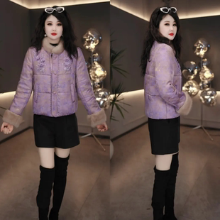 2025冬季新中式风紫色棉服女宽松通勤百搭减龄加厚保暖棉衣外套