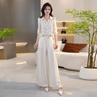 气质V领短袖+裤子两件套女士白色高级感阔腿裤套装慵懒氛围感
