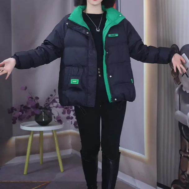 冬季大码拼色连帽羽绒服中年妈妈装短款加厚保暖显瘦白鸭绒外套