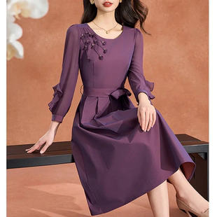 2026新款春夏轻奢紫色长袖连衣裙女修身收腰高级感婚礼礼服裙