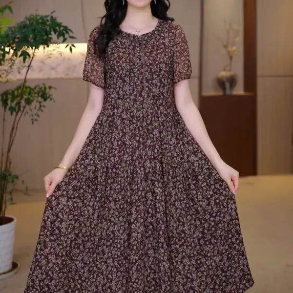 简约碎花高腰A字大码显瘦连衣裙