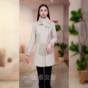淑女风翻领中长款棉衣棉服女白色气质减龄显瘦保暖外套