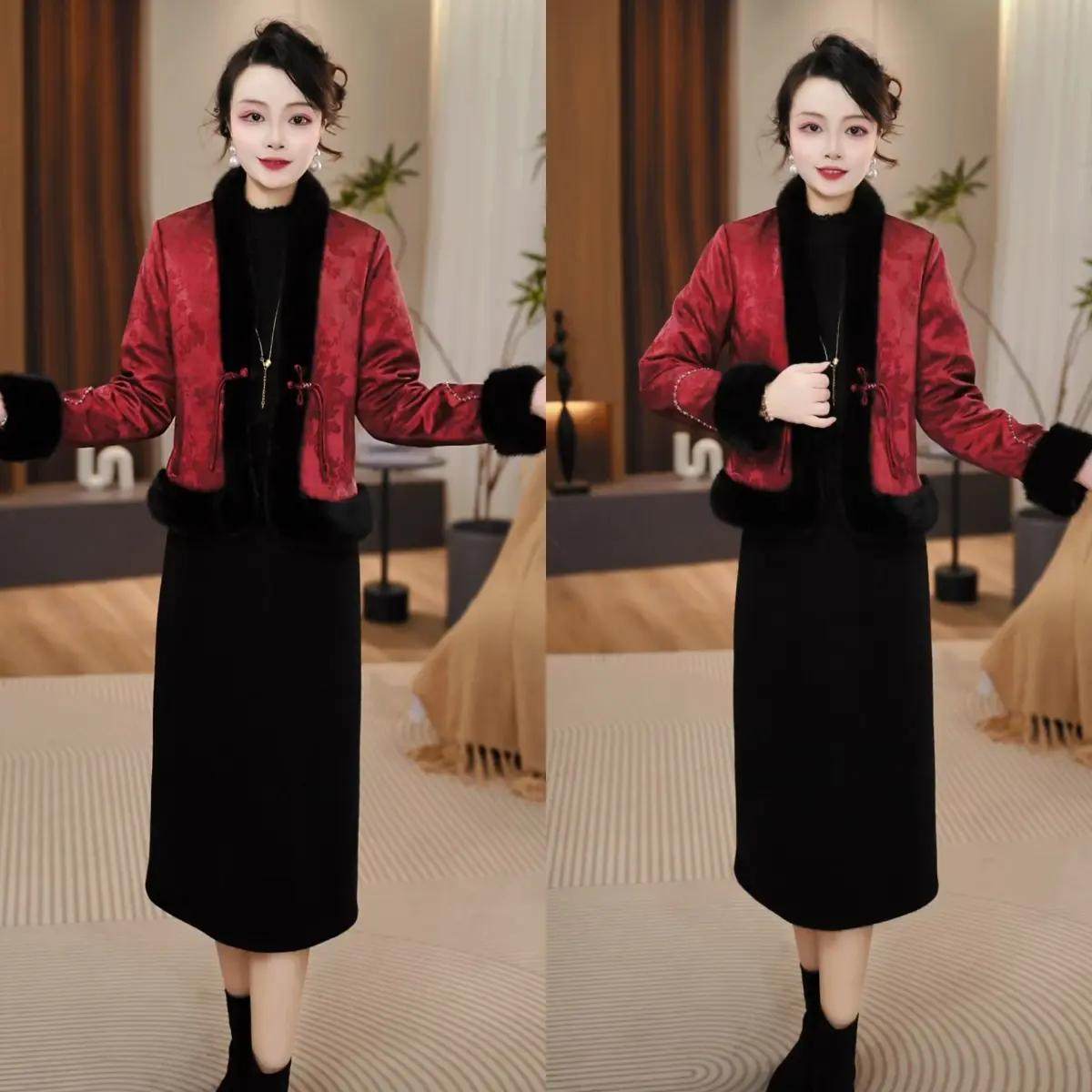 2025冬季新中式风红色外套黑色连衣裙女装套装洋气减龄,女装/女士精品,时尚套装,淘宝优惠券,粉丝福利购,淘宝优惠卷