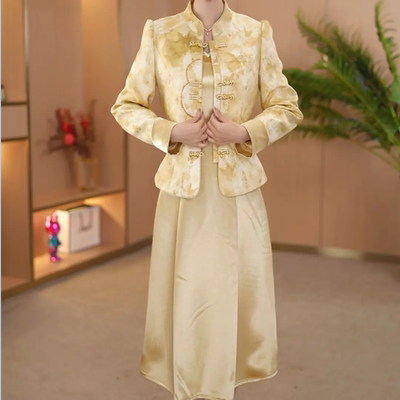 新中式盘扣刺绣显瘦连衣裙套装