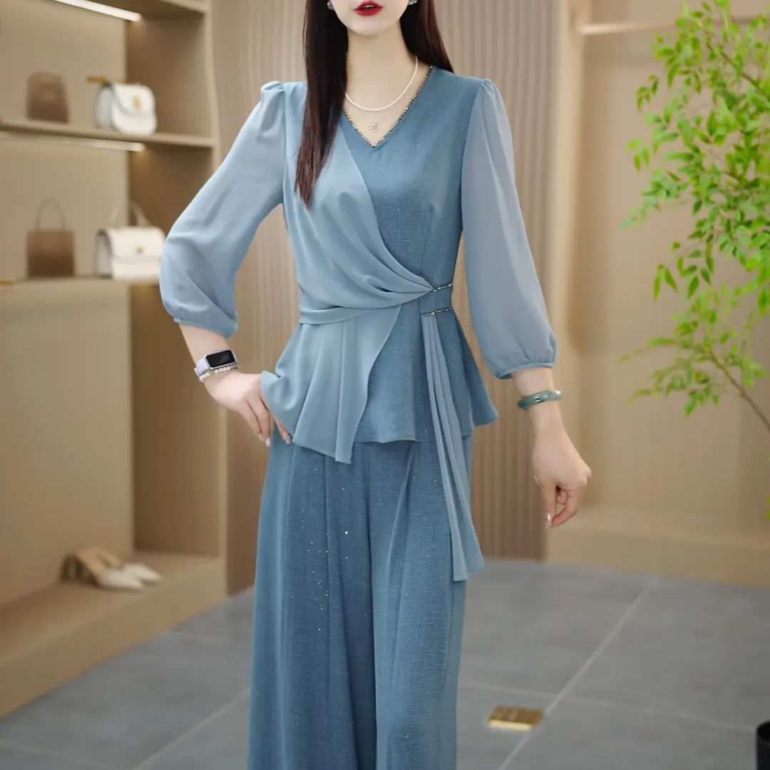 时尚V领灯笼袖系带收腰上衣+裤子两件套女春夏气质显瘦减龄套装