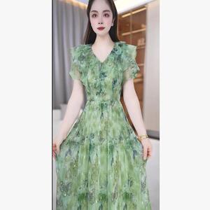 通勤风V领印花连衣裙女绿色A字裙气质修身显瘦裙子