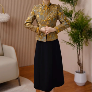 新中式国风花卉刺绣套装女春季立领盘扣外套连衣裙两件套贵气显瘦