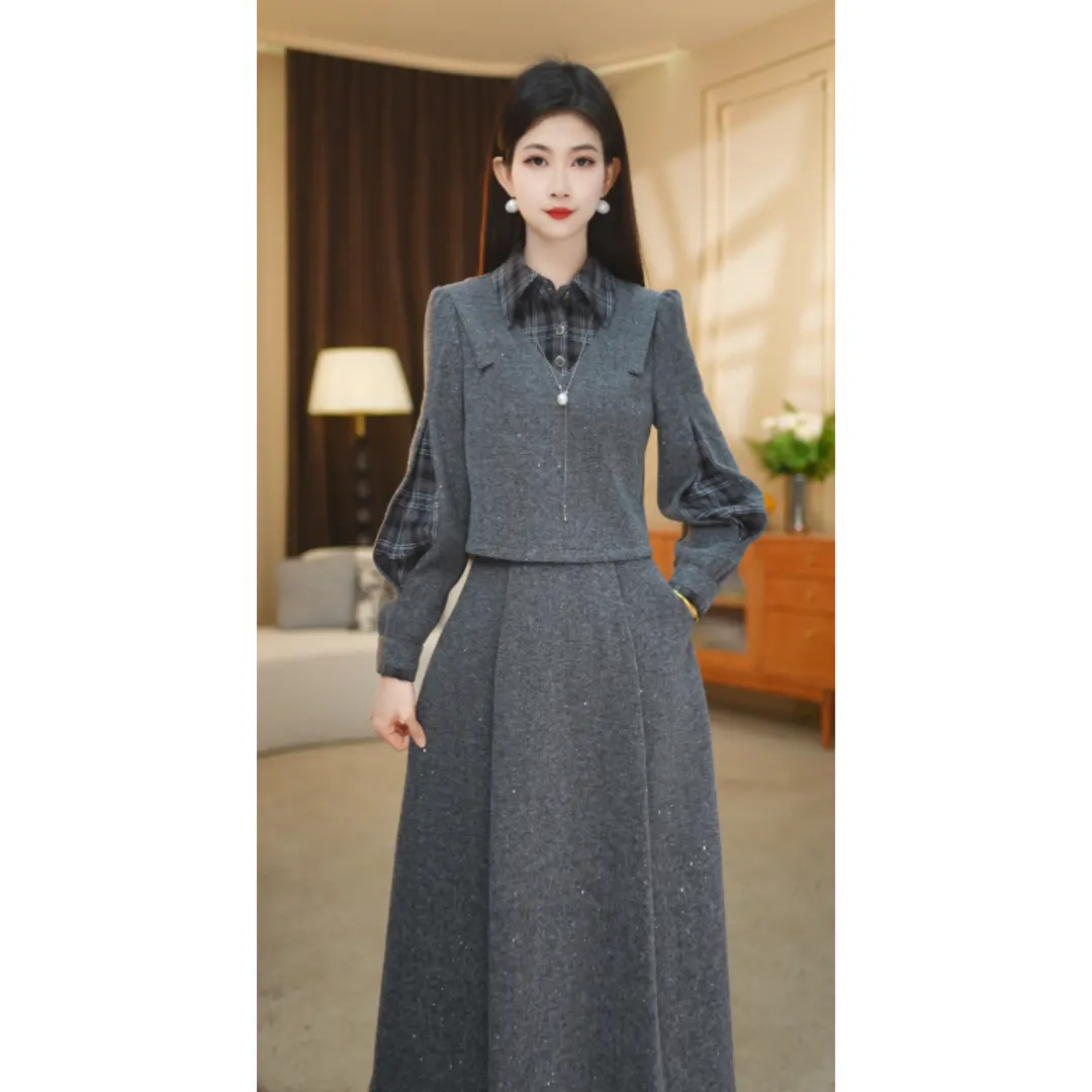 时尚气质格纹拼接连衣裙两件套2025新款秋冬季西装领中长裙假两件