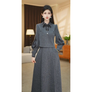 时尚气质格纹拼接连衣裙两件套2025新款秋冬季西装领中长裙假两件