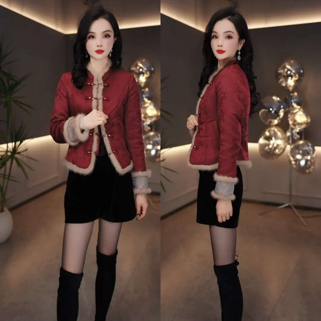 2025新款红色毛毛领盘扣棉衣女修身显瘦保暖棉服外套