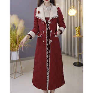 冬季夹棉红色蕾丝拼接大衣+连衣裙中长款翻领排扣两件套气质减龄