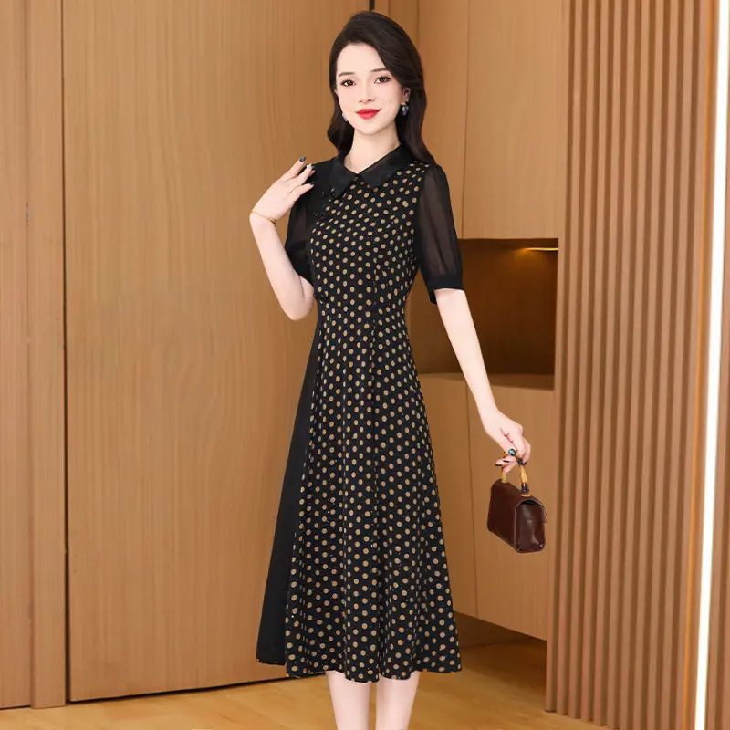时尚气质波点连衣裙女士短袖翻领修身显瘦中长裙黑色A字旗袍裙