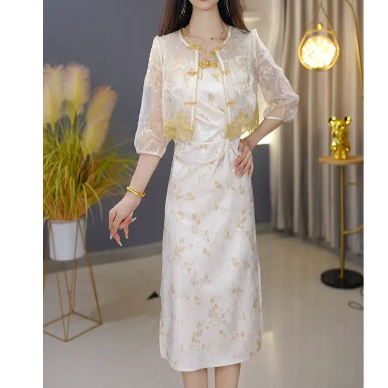 春季新款新中式风刺绣罩衫+连衣裙女白色长裙修身显瘦减龄气质裙