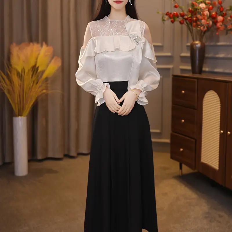 秋季淑女蕾丝一字肩显瘦两件套