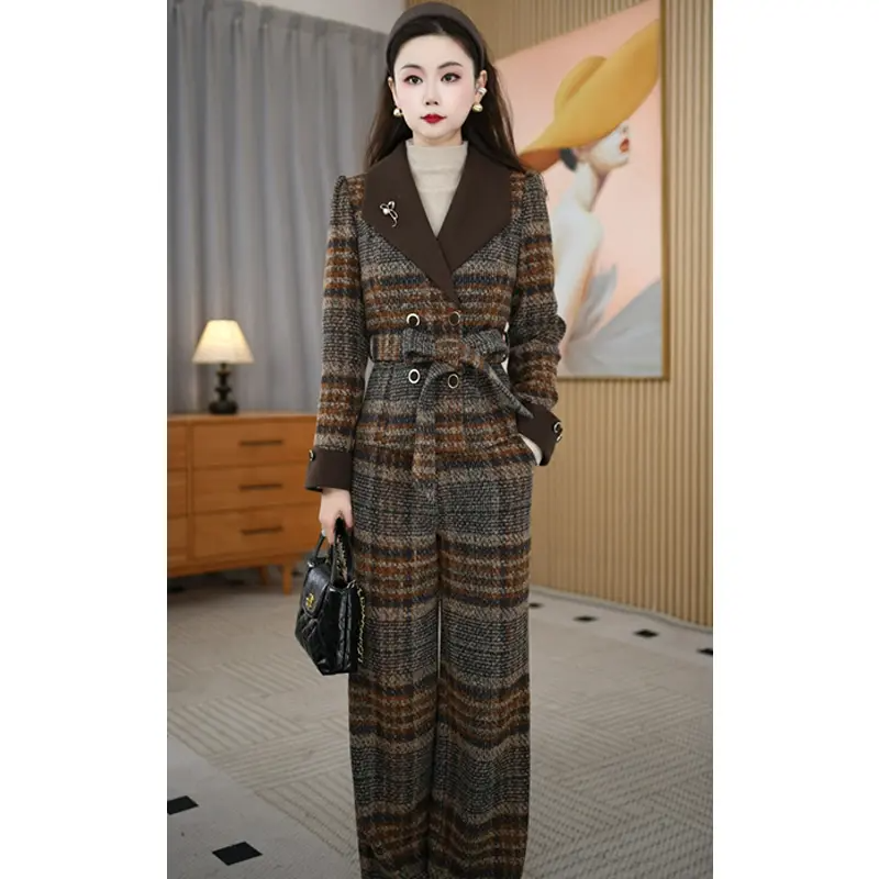 复古格纹套装女秋冬高端优雅气质显瘦双排扣上衣+阔腿裤两件套,女装/女士精品,时尚套装,淘宝优惠券,粉丝福利购,淘宝优惠卷