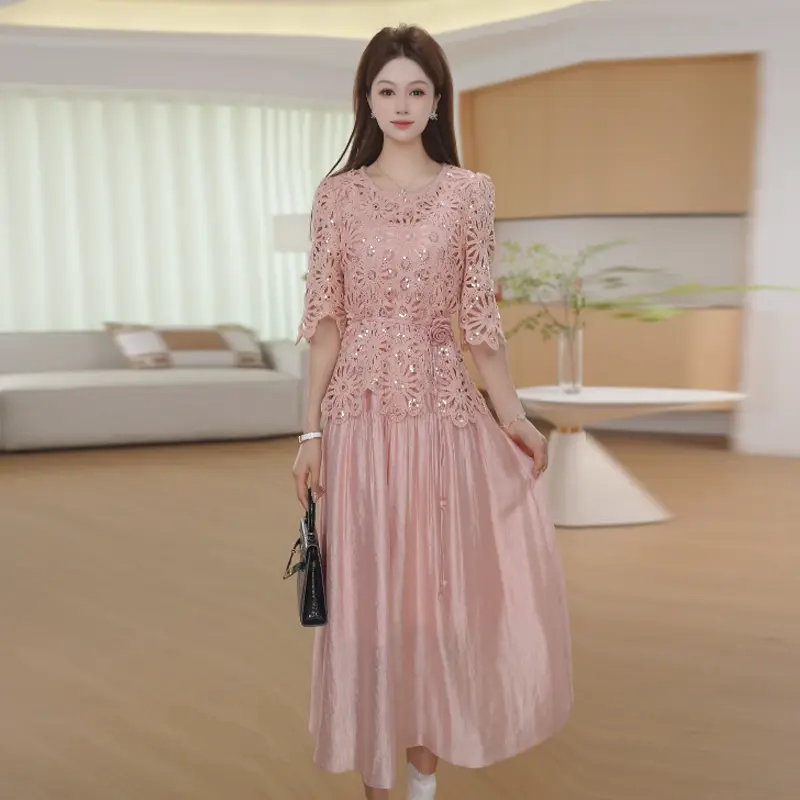 优雅端庄蕾丝镂空罩衫+连衣裙色中长款收腰显瘦气质时尚两件套
