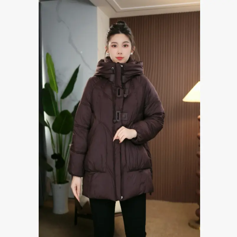 时尚气质通勤连帽中长款棉服女士宽松保暖显瘦中年妈妈棉袄外套