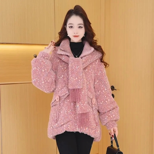 冬季优雅风粉色女中长款连帽保暖外套小个子显瘦白鸭绒羽绒服