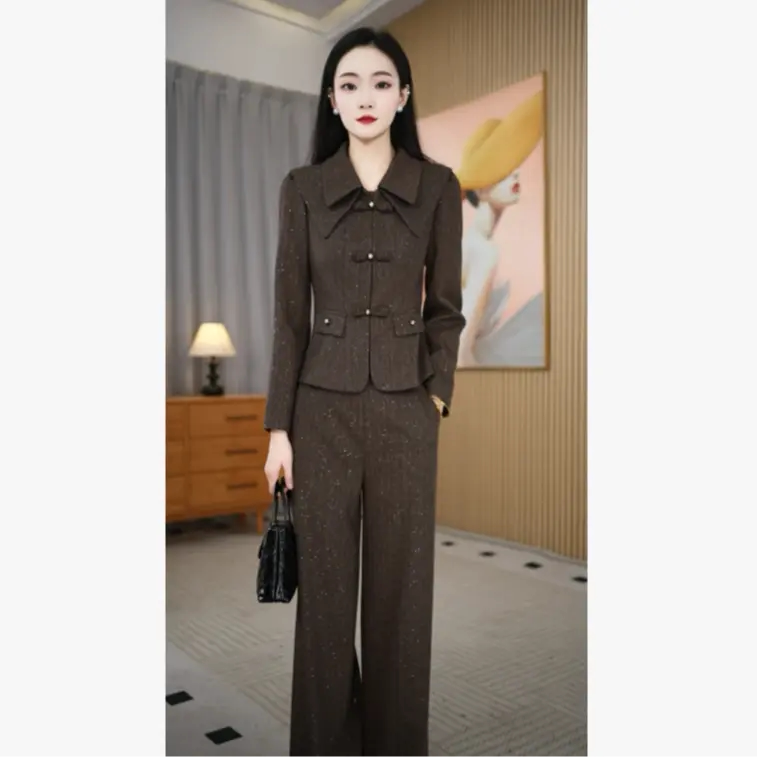 秋冬时尚套装女秋季新款优雅气质双排扣上衣+阔腿裤显瘦两件套