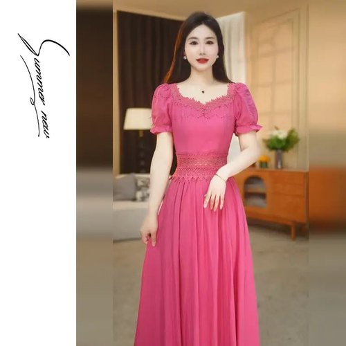 夏季法式轻奢优雅粉蕾丝连衣裙