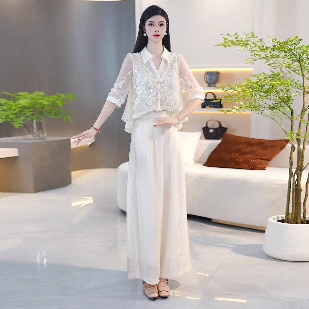 时尚蕾丝POLO领两件套女士春季新款2026洋气百搭上衣+阔腿裤套装