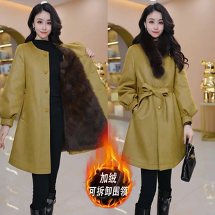 毛领皮衣女士中长款束腰带加绒加厚保暖外套小个子显瘦大衣外套