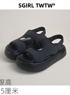 SGIRL 透气厚底露趾凉鞋女2026新款夏户外休闲黑色一脚蹬懒人鞋单