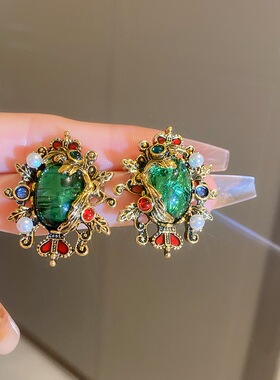 复古祖母绿夸张大气银针珍珠耳环新款高级气质重工耳饰14025