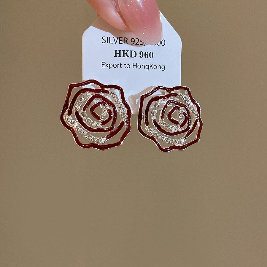 红边闪钻镂空玫瑰花漾耳钉法式小众几何镂空花朵耳饰55