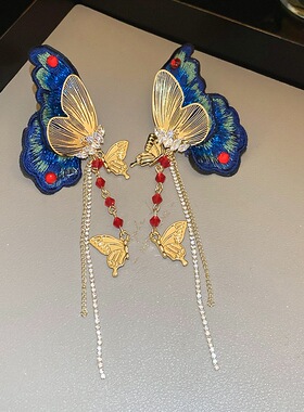 刺绣蓝色蝴蝶耳环女个性中古风耳圈耳坠高级感精致轻奢耳饰潮34