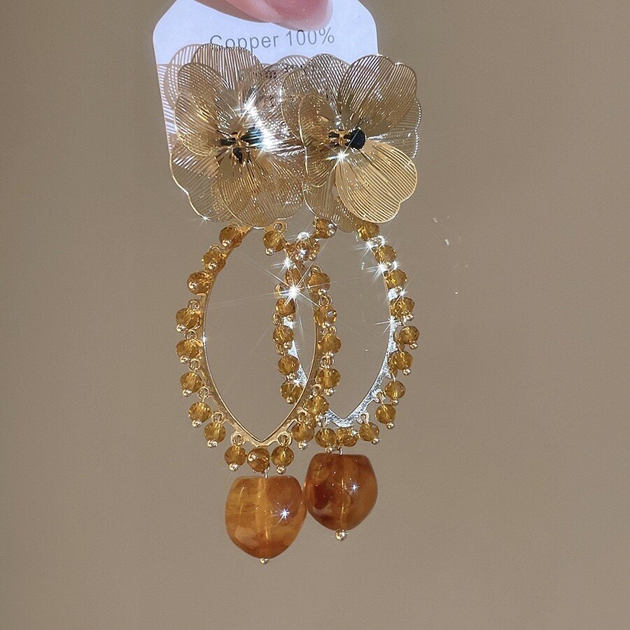 复古宫廷满钻金色花朵水晶流苏耳钉轻奢耳环重工精致气质耳饰86