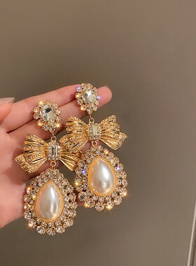 精致法式锆石珍珠蝴蝶结耳环轻奢高级感设计仙气质复古耳饰6245