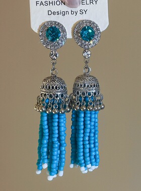 中古vintage蓝色珠子手工串珠流苏镶钻耳环扫肩长款45