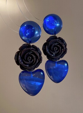 vintage中古深蓝色爱心玫瑰花朵长款扫肩耳环复古耳钉耳饰女46