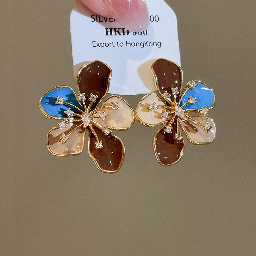 vintage轻中古风珐琅滴釉花朵耳钉法式复古耳环小众港风气质耳饰