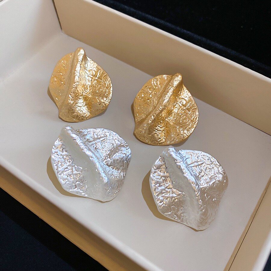 法式银针欧美复古夸张褶皱金属金色银色大耳环高级感轻奢耳钉3994