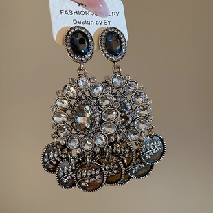 新款重工华丽麦穗金币耳环复古长款咖色水晶流苏设计感耳钉耳坠51