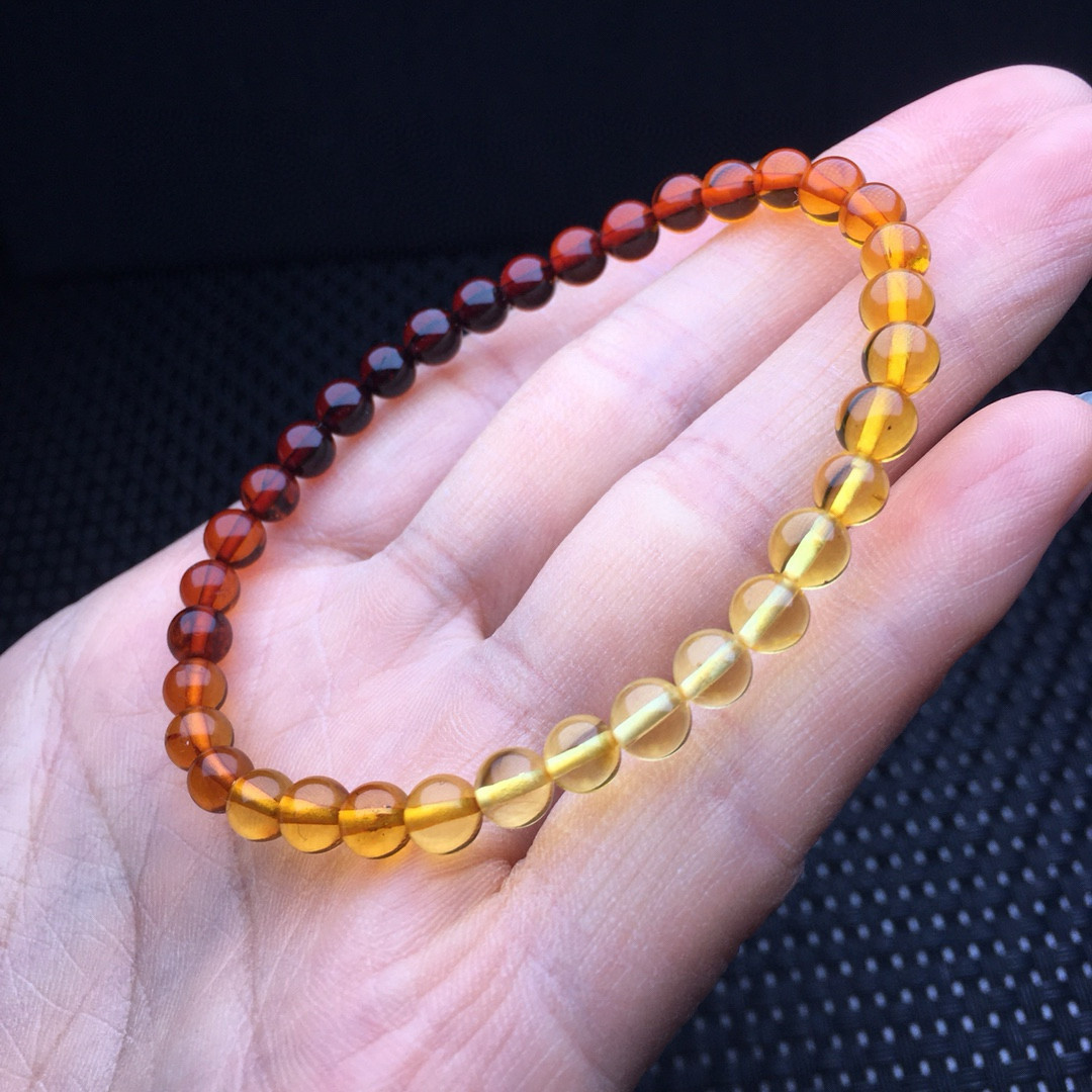 天然彩虹色琥珀转运手串 保真原石打磨女生小颗粒蜜蜡手链 渐变链