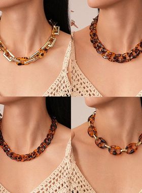 欧美夸张咖色豹纹猪鼻子链条项链气质美拉德锁骨链复古高级感项饰