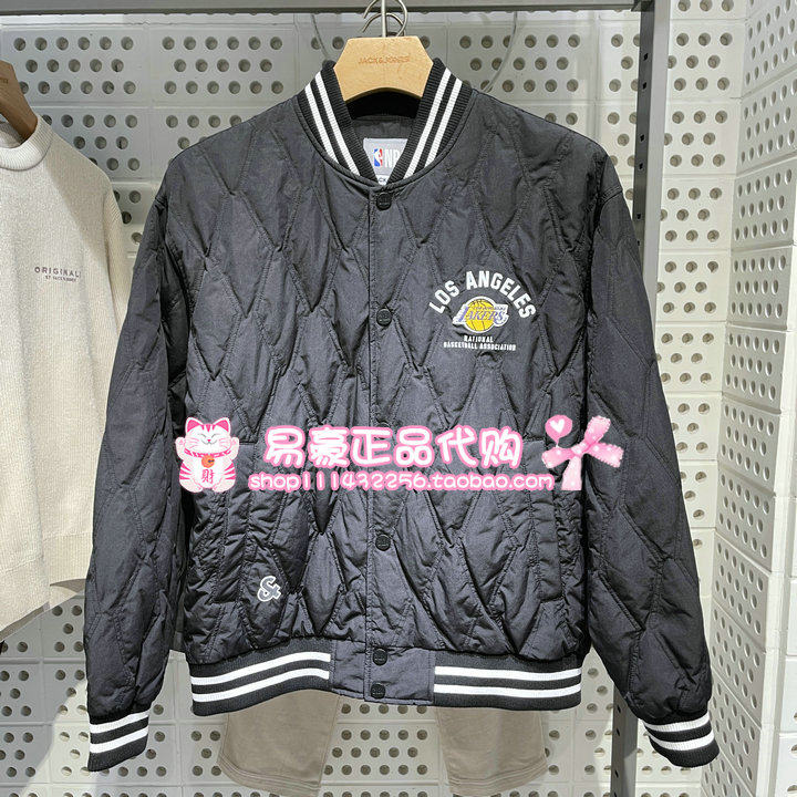 杰克琼斯NBA联名洛杉矶湖人队男羽绒服贴布棒球领上衣 225423010