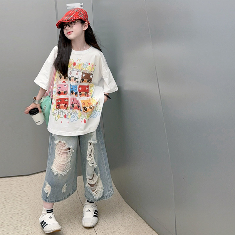 女童夏街舞卡通T恤破洞牛仔套装